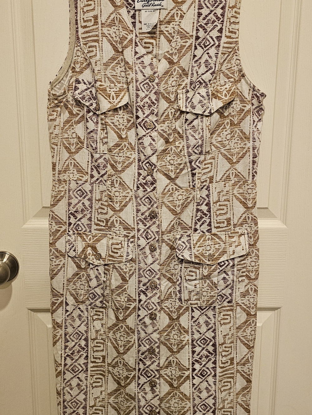 Vintage California Gold Rush Maxi Sleeveless Button Down Dress Geometric Pattern